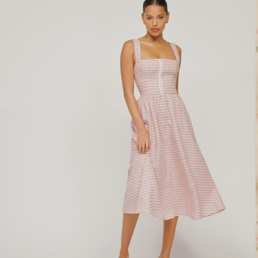 Reformation Tagliatelle Linen Dress in Blush Check